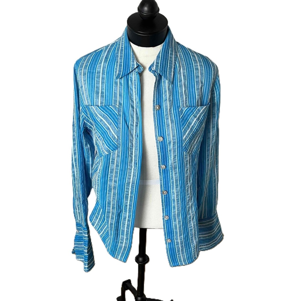 Chico's Silk Blue Long Sleeves Button-Up Striped Shirt Size small